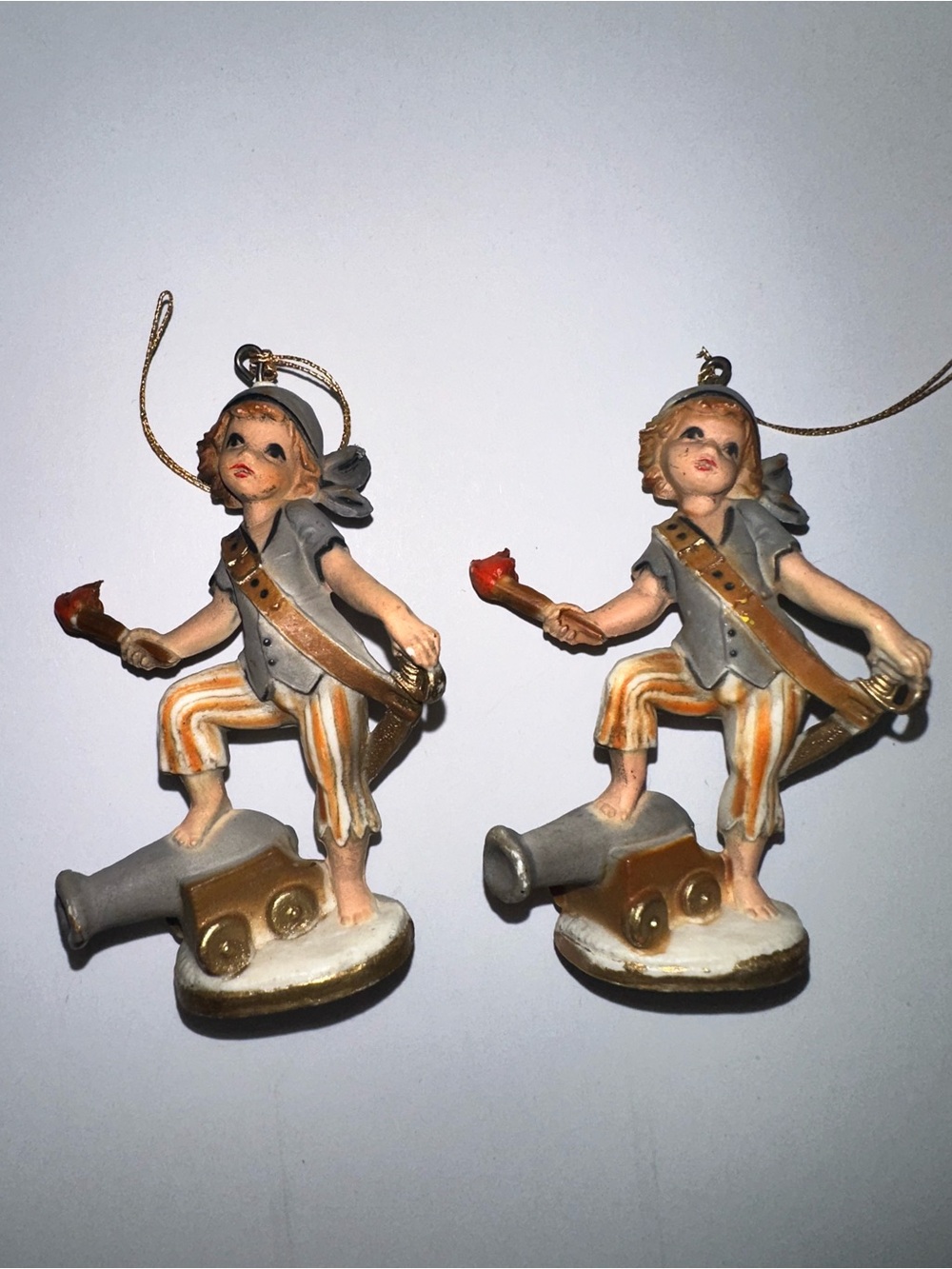 Vintage Mid Century Pirate Christmas Ornaments Pair Hand Painted Hong Kong Resin